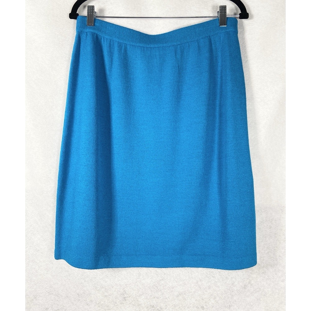 St. John Collection Knit Skirt Women's 12 Blue Pull On Wool Stretch Preppy Chic